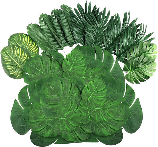 108 Pieces 7 Kinds Artificial Tropical Leaf Jungle Leaves Plant Safari Leaves Decorations Fake Palm Leaf with Stems for Hawaiian Luau Party Table Beach Birthday Wedding Theme Party Decorations